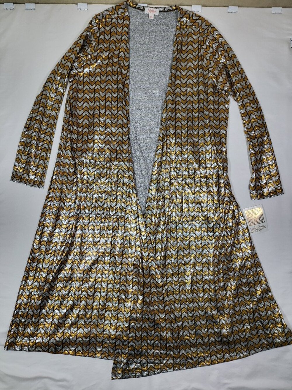 NWT LuLaRoe Sarah Metallic Chevron Duster Cardigan Gold Silver Large